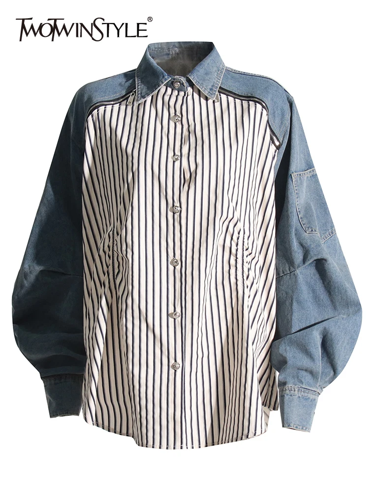 

TWOTWINSTYLE Colorblock Patchwork Denim Casual Shirts For Women Lapel Long Sleeve Spliced Single Breasted Loose Shirt Female New