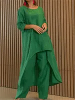 Ensemble pantalon Long en coton et lin pour femmes, mode solide, décontracté, hauts irréguliers, jambes larges, costumes de bureau, ensemble deux pièces, vêtements 4