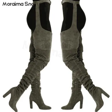 Suede Yellow Belt Boots Pointed Toe Stiletto Fashion Trousers Over The Knee Boots Large Size Sexy Performance Women's Boots