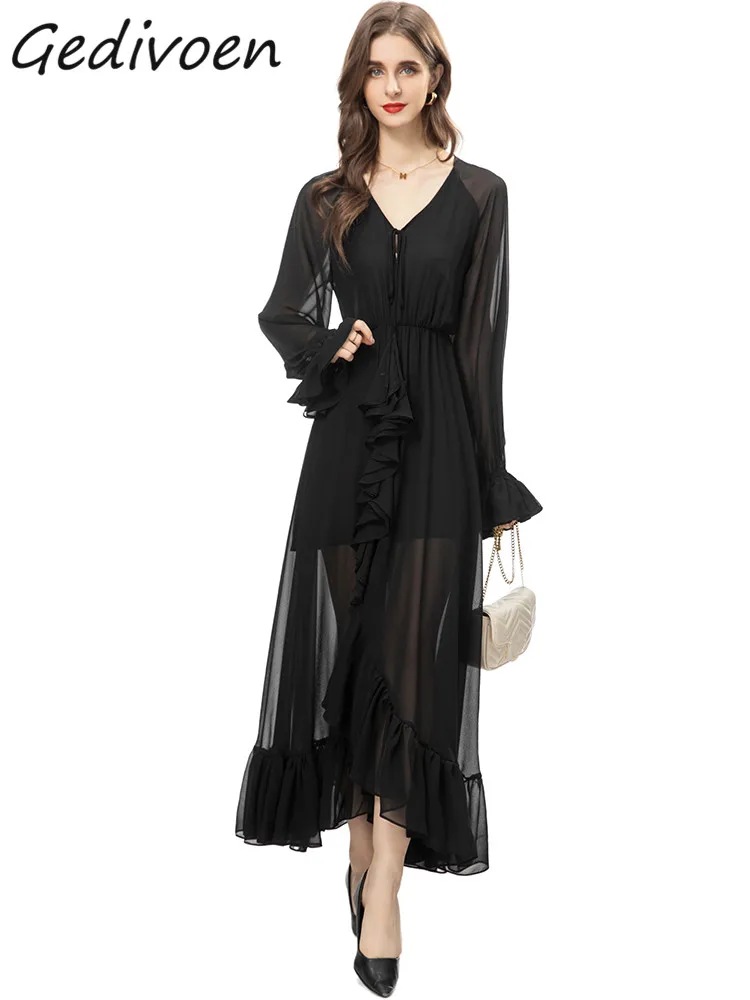 

Gedivoen Autumn Fashion Designer Black Vintage Party Dress Women Lantern Sleeve Frenulum Ruffles High Waist Slim Slit Long Dress