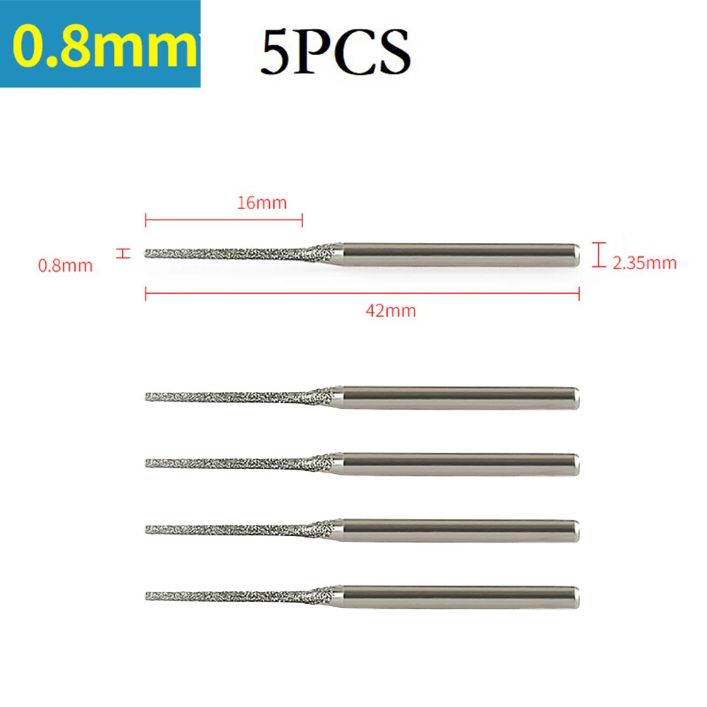 5pcs 0.8/1/1.2/1.5/1.8/2/2.5mm Diamond Coated Drill Bits 2.35mm Shank Glass Jade Amber Jewelry Glass Diamond Drill Bit