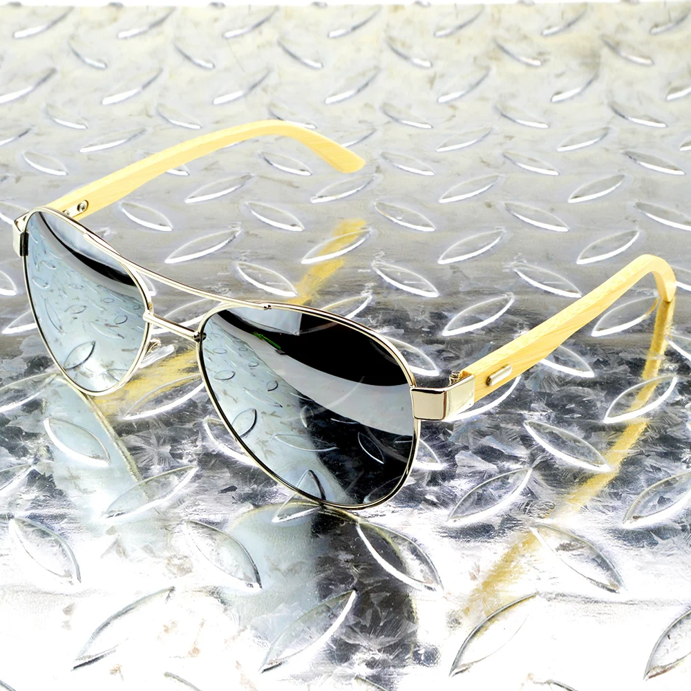 

Natural Bamboo Wood Temples Pilot Style Mirror Silver Polarized Sunglasses Custom Made Myopia Minus Prescription Glasses -1to -6