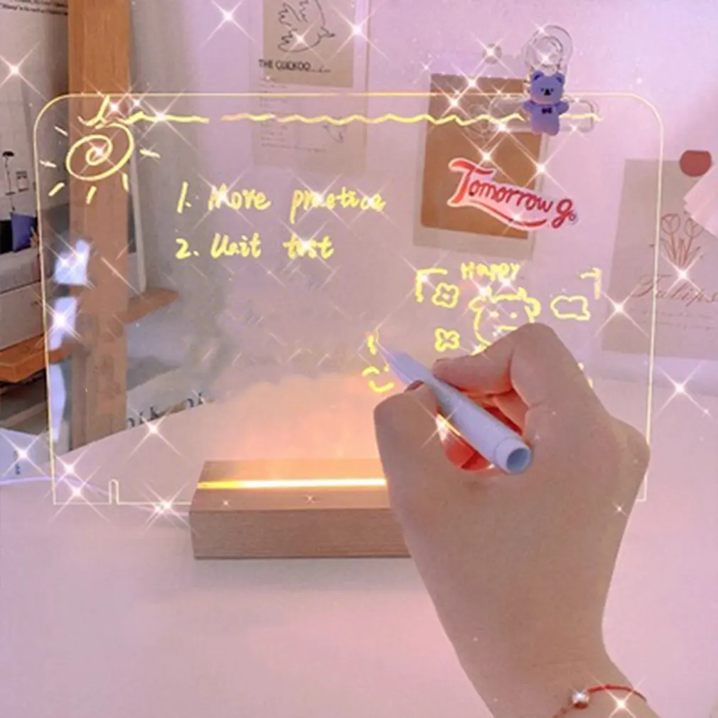 Hot Creative Transparent USB Acrylic Daily Note Board Message Memo Board With Wood Stand Holder LED Lamp Writing Pad Reminder