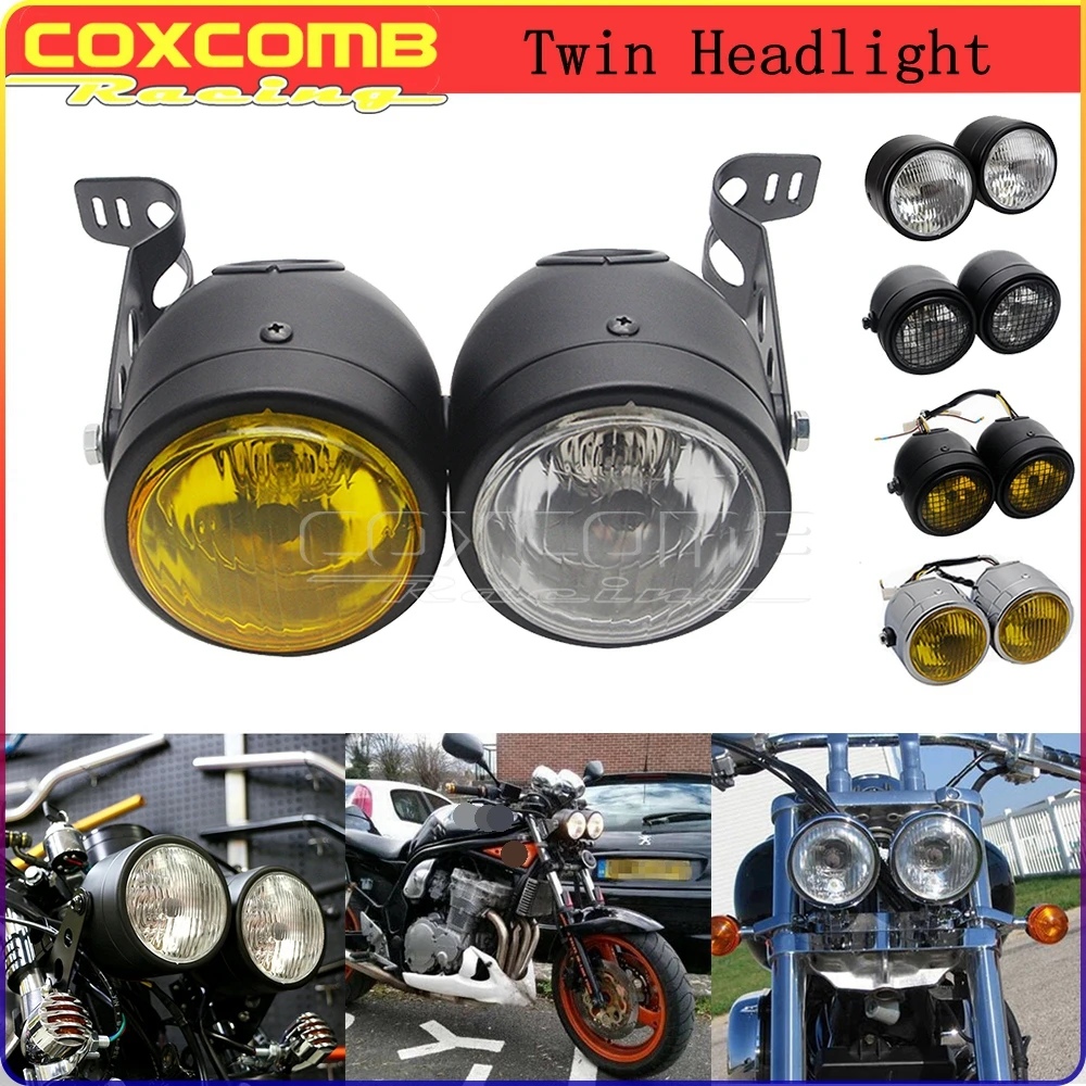 Mesh Grill Dual Headlight Moto Universale Twin Head Lamp Per Honda Yamaha Suzuki Dual Sport Dirt Bikes Moto Nude