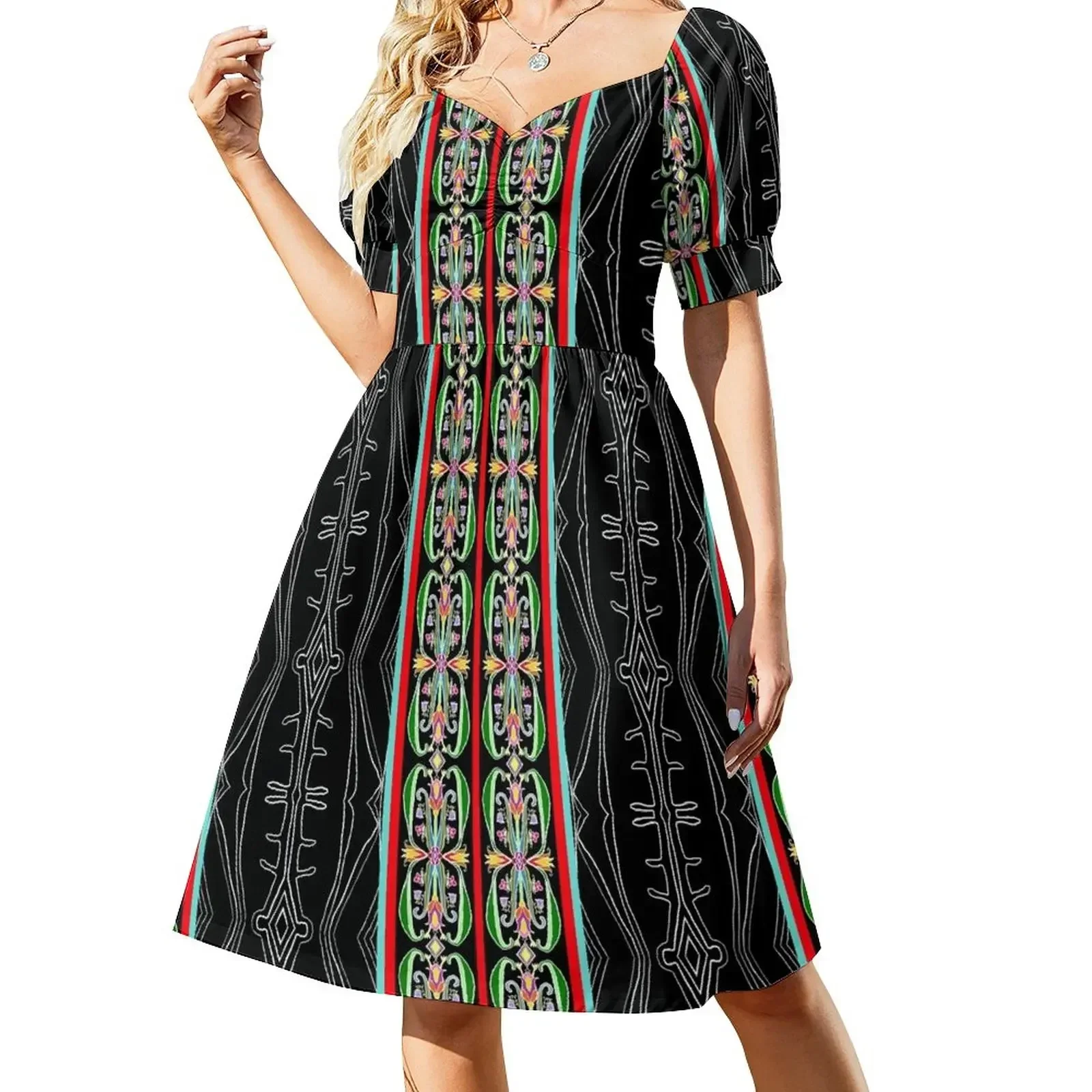 Vestido de manga corta con estampado floral Anishinaabe sobre fondo negro abstracto, ropa de mujer, vestido de noche para mujer