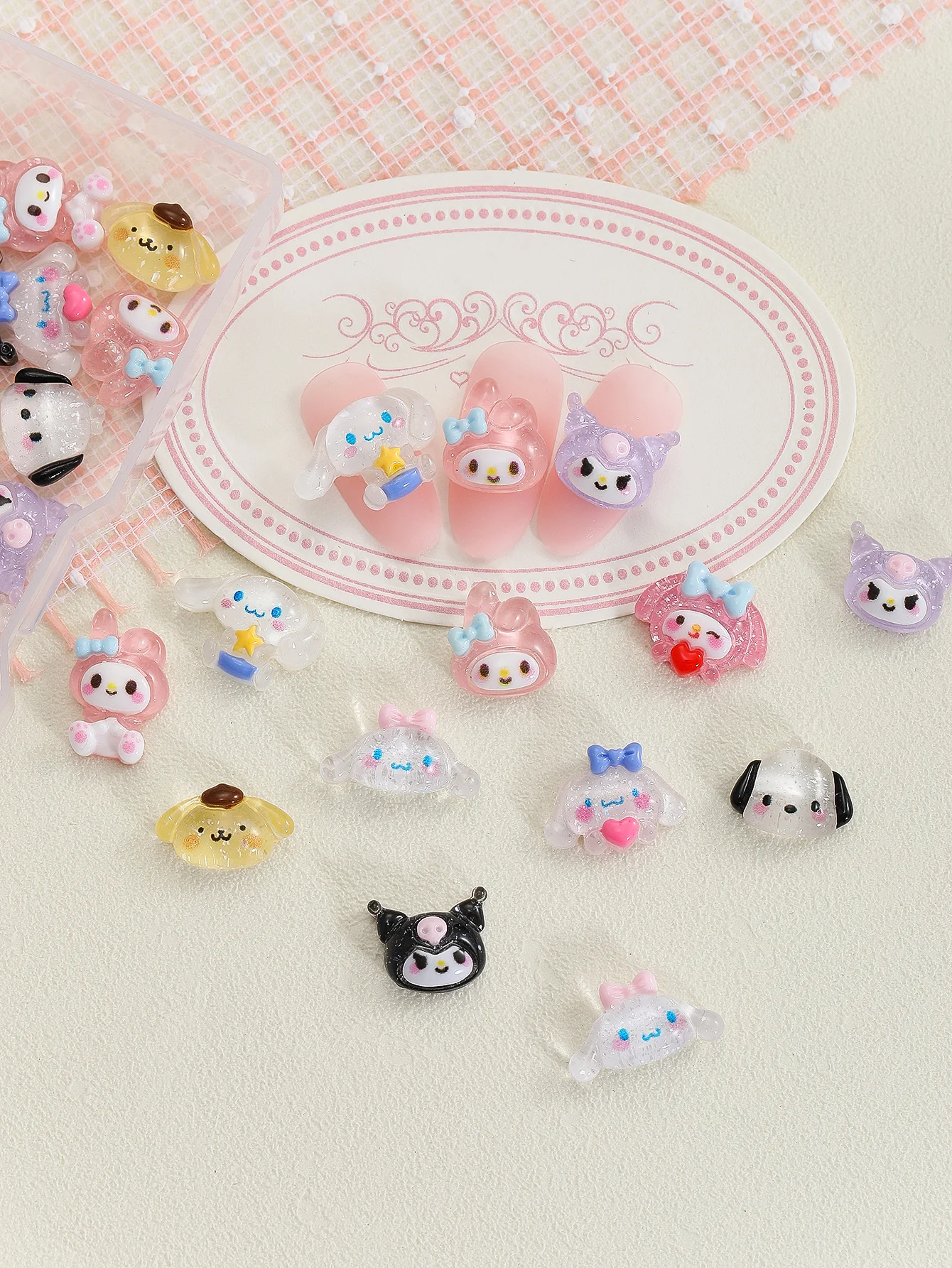 50Pcs/Bag Cartoon Nail Accessories Hand-painted Resin Kuromi Pochacco Hallo Kitty Cinnamon Fruit Melody Accessories