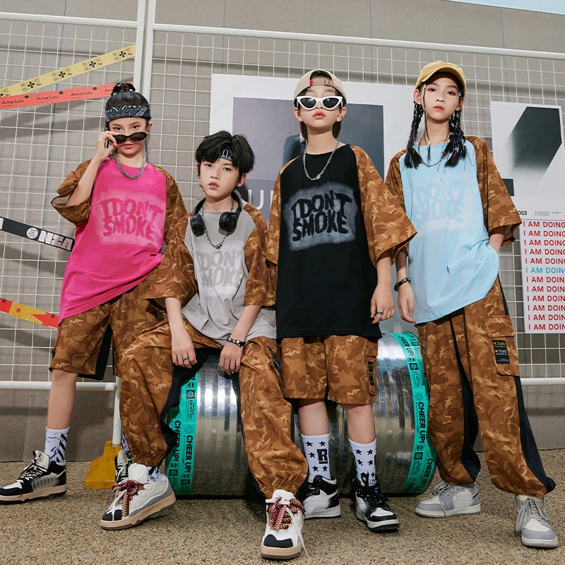 

Short Sleeves T Shirt Camouflage Pants For Girls Street Dance Outfit Boys Jazz Dance Costume Kids Stage Hip Hop Clothing XS6703