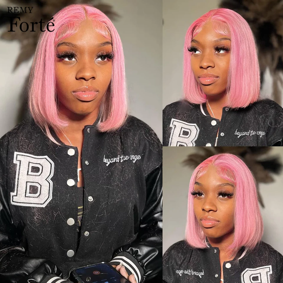 

Pink Bob Wigs Human Hair Straight Transparent Pink Lace Front Wig Human Hair 180% Density Colorful Short Bob Wigs Human Hair