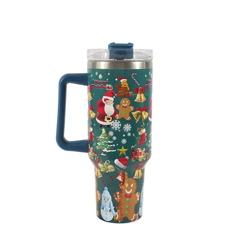 1pc 1200ml Stainless Steel Tumbler With Straw, Cute Cartoon Christmas  Pattern Travel Mug With Handle For Car And Outdoor Use