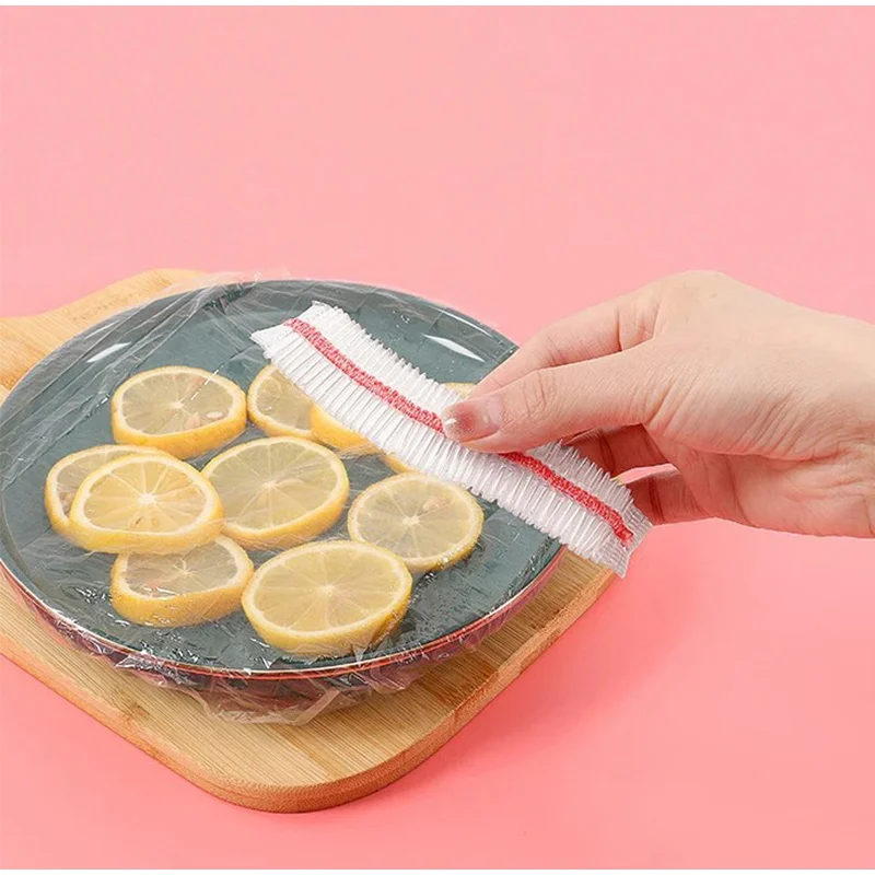 Description Picture 4 of item100PCS Disposable Plastic Wrap Tear Free Colored Food Grade Size Plates Universal Elastic Food Cover Shower Cap Kitchen Storage