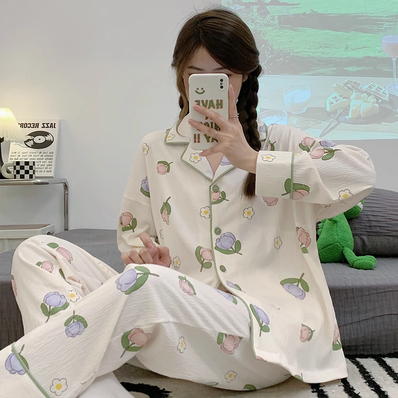 

Autumn Pajama Sets For Women Adult Sweet Sleepwear Cotton Flower Print Pyjama Pour Femme Girl Homewear Pijama Female Pijamas