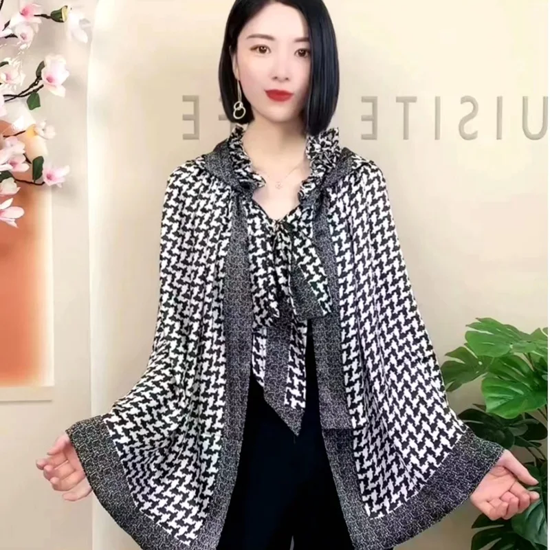 

2022 New Lotus Leaf Collar Cape Hooded Shawl Pearl Sunscreen Shade Multi-functional Fashion Baotou Silk Scarf Hat D5