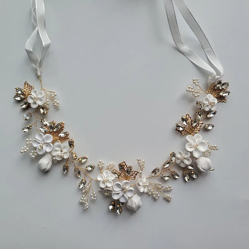 SLBRIDAL Handmade Alloy Flower Leaf Rhinestones Ceramic Flower Bridal Headband Wedding Headpieces Women Girls Hair Jewelry