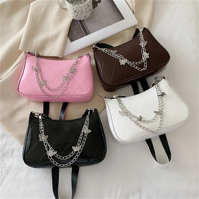 

Women PU Leather Messenger Bag New Trendy Vintage Butterfly Chain Pure Color Zipper Handbag Fashion Underarm Bags