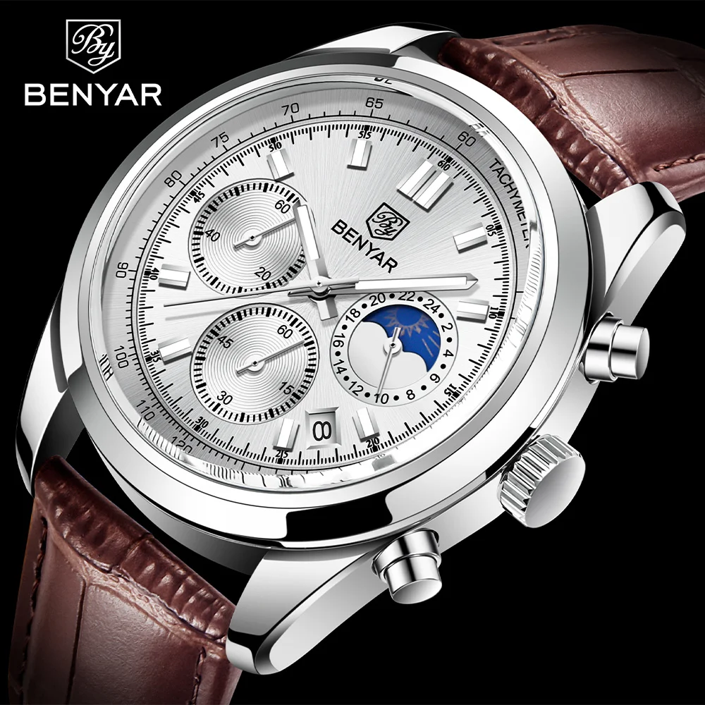 BENYAR Watch For Men 30ATM Waterproof Stainless Steel Quartz Wristwatches Luxury Leather Military Chronograph Watch Reloj Hombre