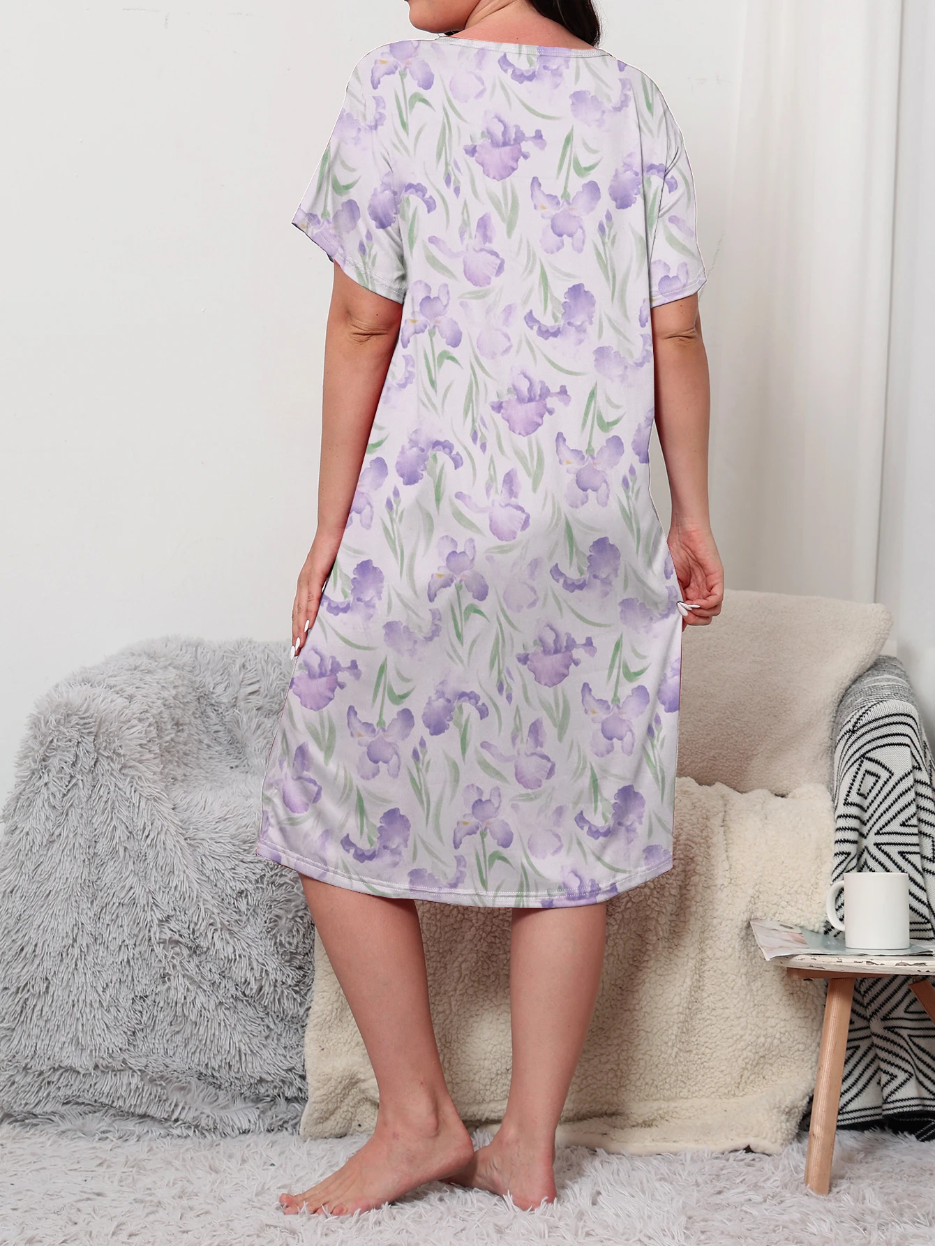Large size women's pajamas home clothing floral print short sleeved pajama dress