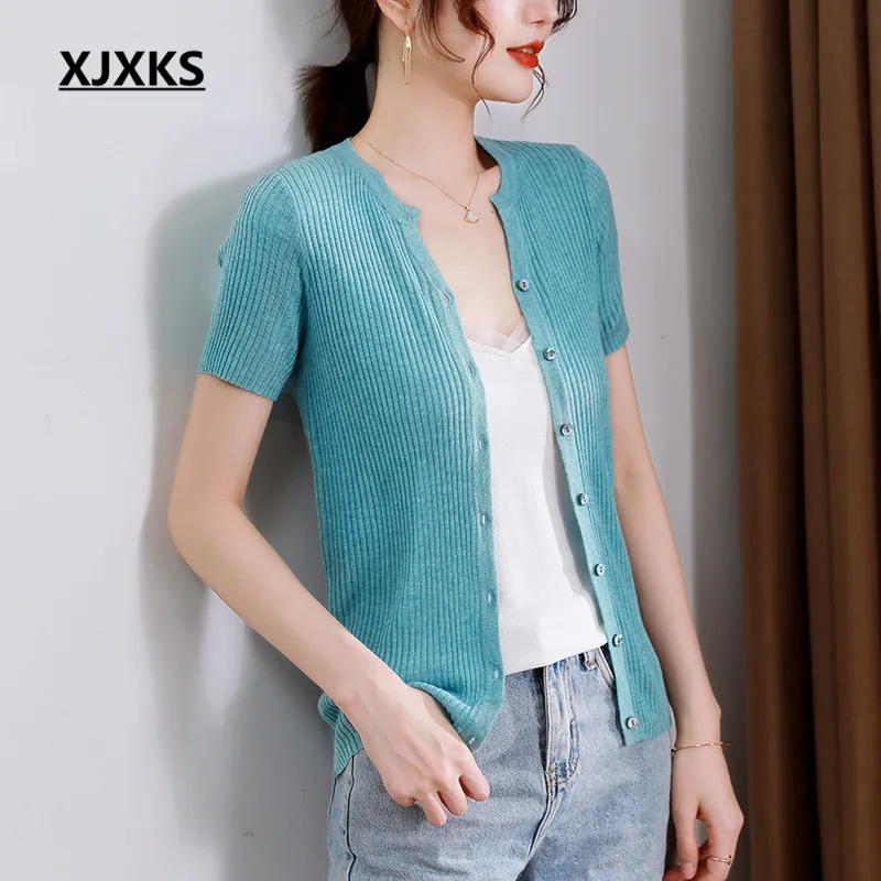 

XJXKS 2022 Summer New Fashion Cardigan Short-sleeved Women's Top Comfortable Casual Female T-shirt