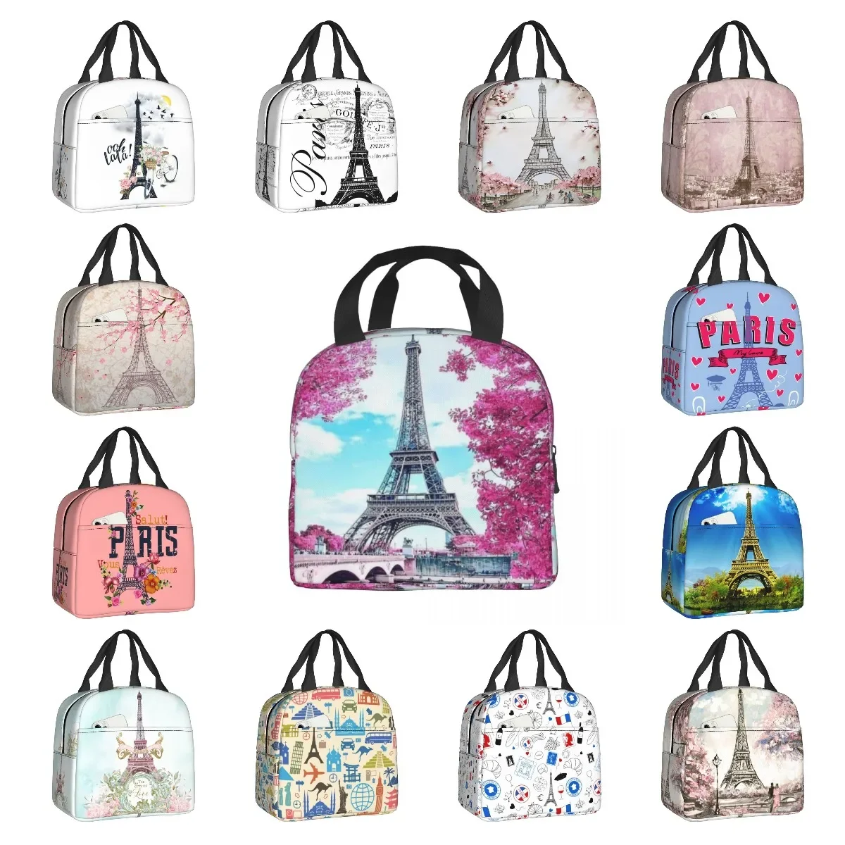 

Eiffel Tower Paris Floral Lunch Boxes Women Romantic Landscape Thermal Cooler Food Insulated Lunch Bag School Children Student