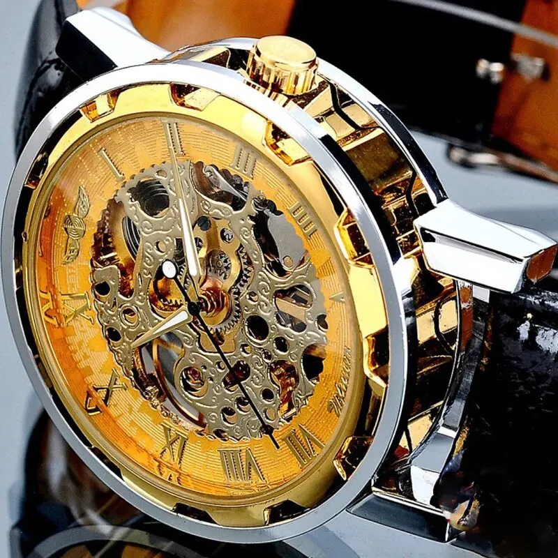 Mechanical Watch Men Stainless Steel Skeleton Luxury Fashion With Black Leather Strap 1pc For Business