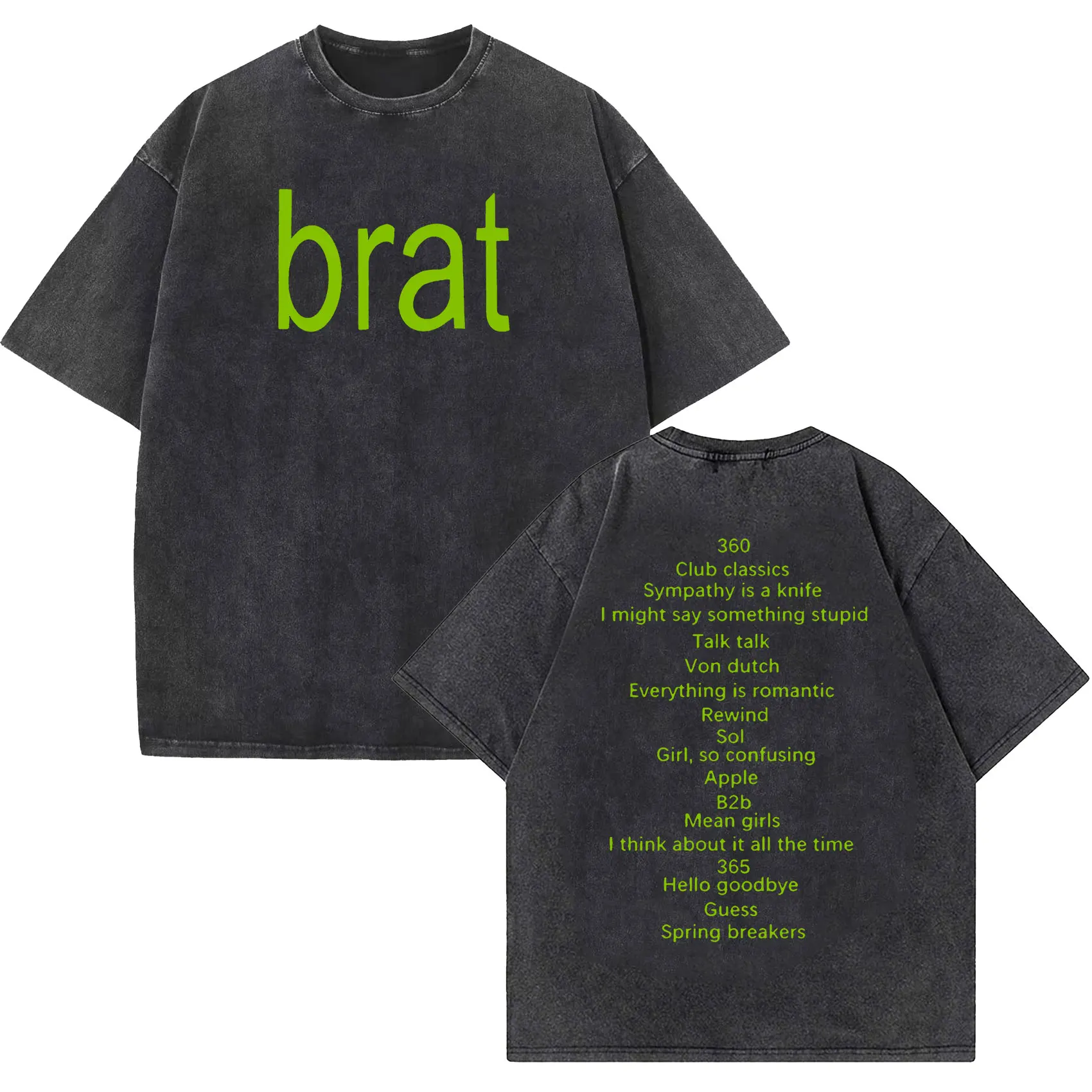 Charli Xcx Brat 2024 Tour Album Letter Print T Shirts Men Hip Hop High Quality Vintage Washed Fashion T-shirt Unisex Streetwear 3