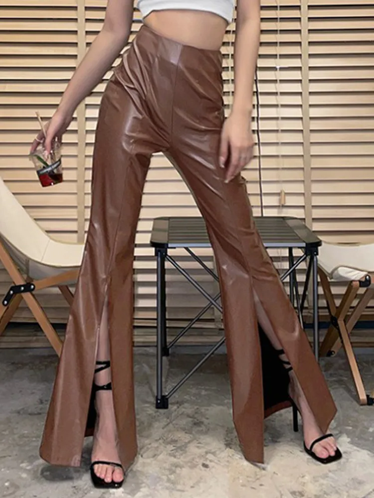 

High Waist Leather Leggings Women Sexy PU Slim Pants Women Split Fork Leggings Plus Size Leather Trousers Leather Tights Women