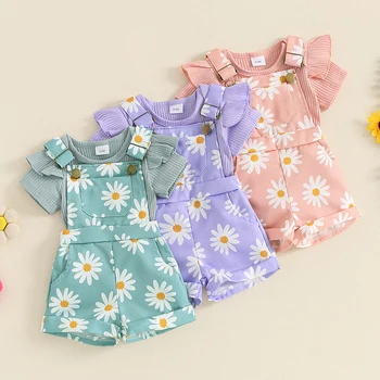 Pudcoco Infant Baby Girls Shorts Set, Short Sleeve Romper with Flower Print Suspender Shorts Summer Outfit 0-18M 1