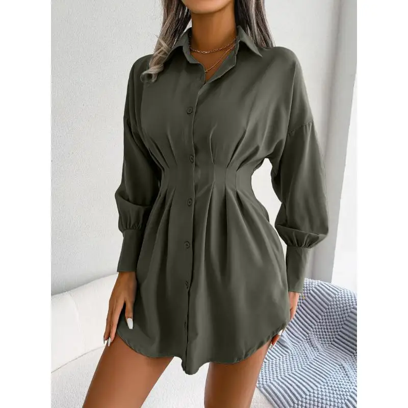 Women's Fashion Lantern Sleeve Waist Long Shirts Spring Summer Lady Office Lapel Button Long Sleeve Solid Color Shirt Mini Dress 3