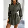 Women's Fashion Lantern Sleeve Waist Long Shirts Spring Summer Lady Office Lapel Button Long Sleeve Solid Color Shirt Mini Dress 3