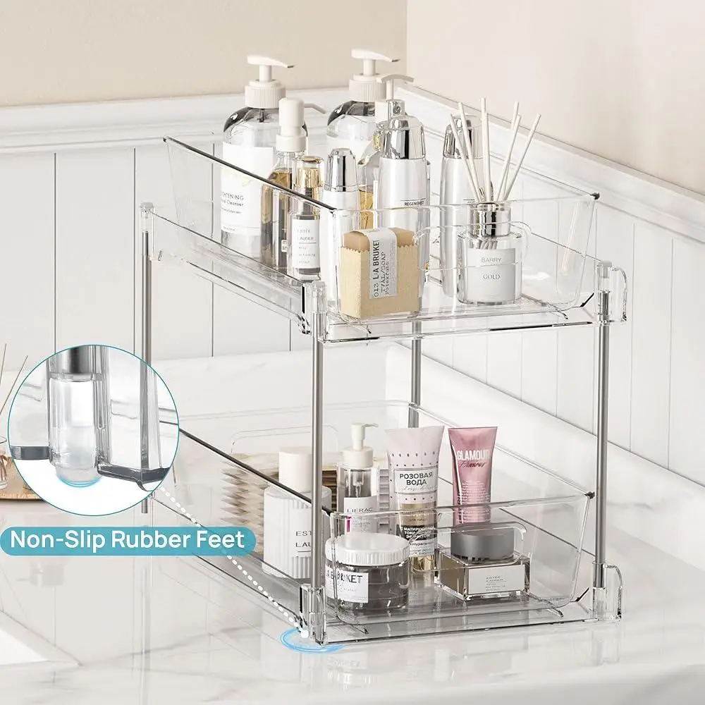 2 Tier Bathroom Organizer Under Sink Storage Clear Container Pull Out Bins Vanity Countertop Drawer Kitchen Pantry Cabinet 6