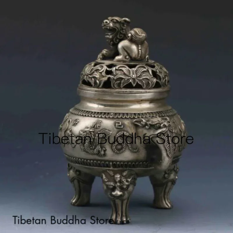 中国チベット香炉,白銅,銀,ライオンの蓋,qianlongマーク