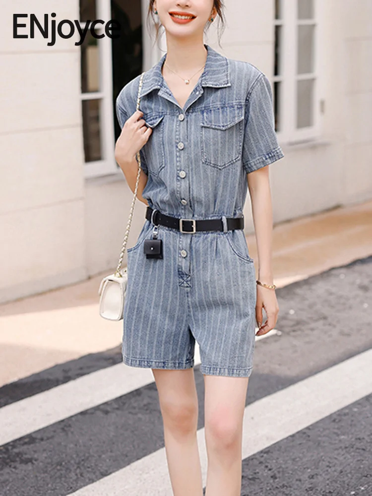 

Женский джинсовый комбинезон в полоску ENjoyce, винтажный комбинезон с шортами, повседневный комбинезон из денима в уличном стиле, для лета