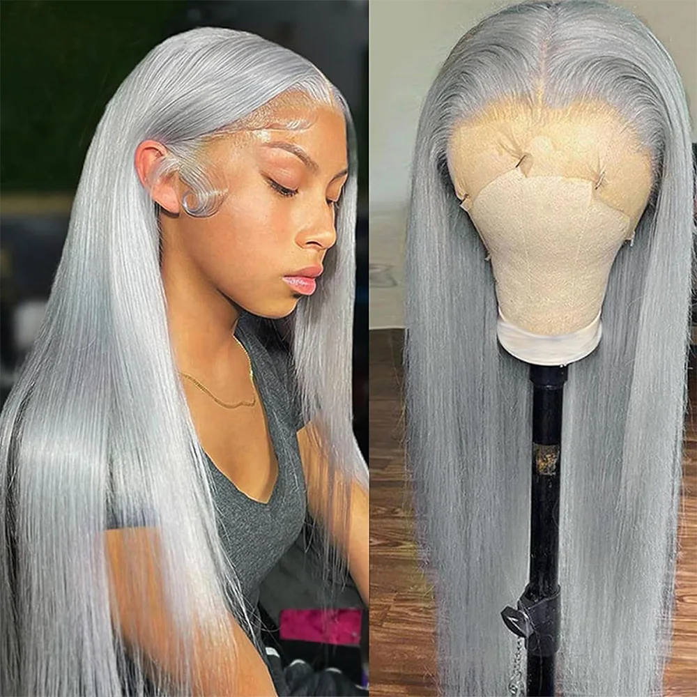 Grey Straight 13x4 HD Transparent Wigs Brazilian Virgin Human Remy Hair Wig For Black Women Pre Plucked Hairline Lace Front Wig