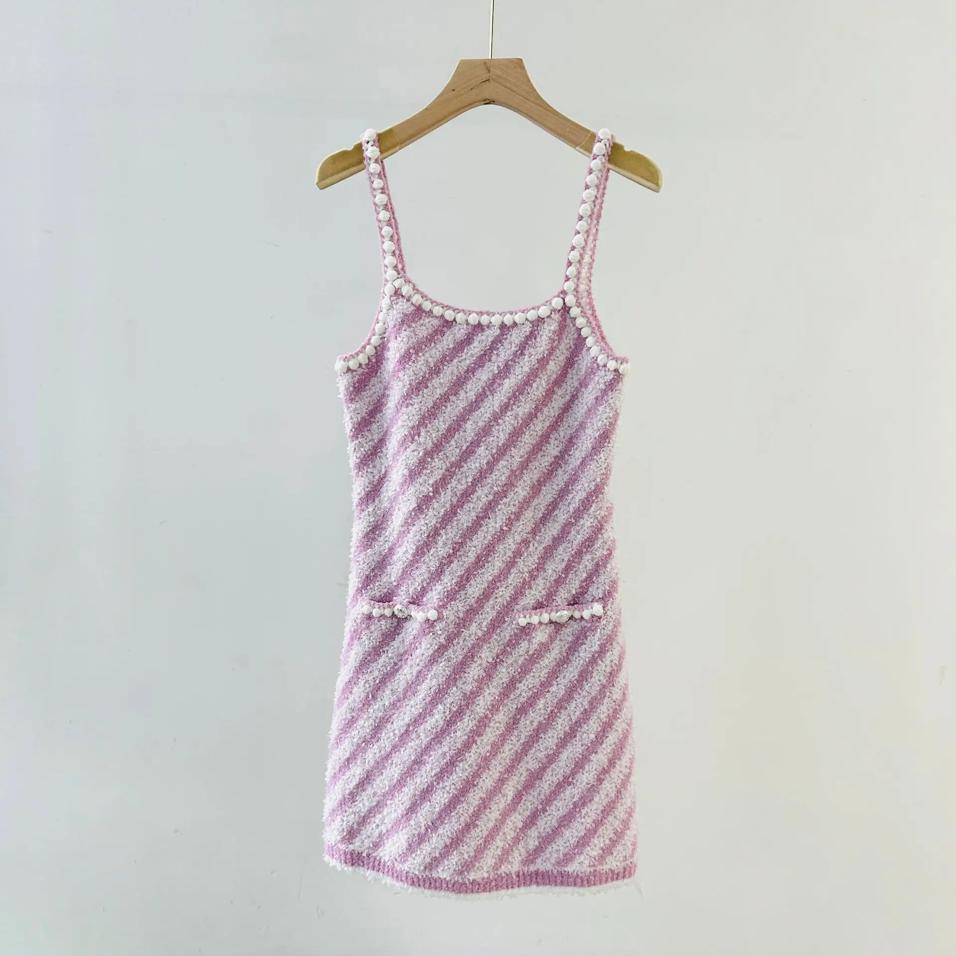 

High Quality Suspender Pink Striped Twill Knit Bodycon Dress Women Sexy Holiday Clothes 2023 Summer New Slim Knit Dress Elegant