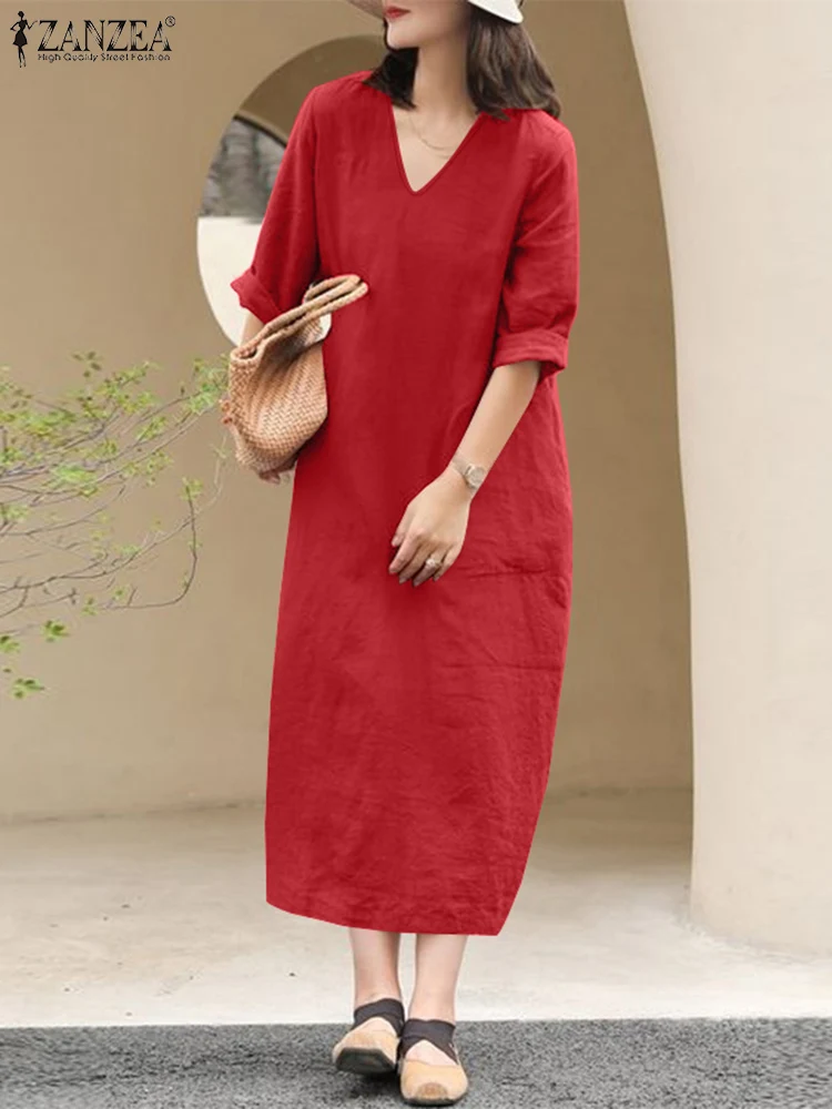 

Elegant V Neck 3/4 Sleeve Solid Midi Dress 2024 ZANZEA Stylish Women Summer Holiday Sundress Kaftan Casual Loose Party Vestido