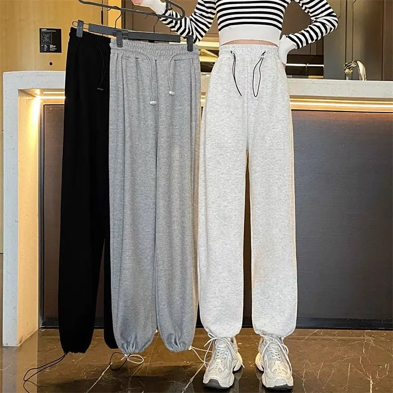 

American Grey Sports Pants Women Spring Autumn 2023 New Fashion Sweatpant Drawstring Leggings Hem Loose Straight Trousers