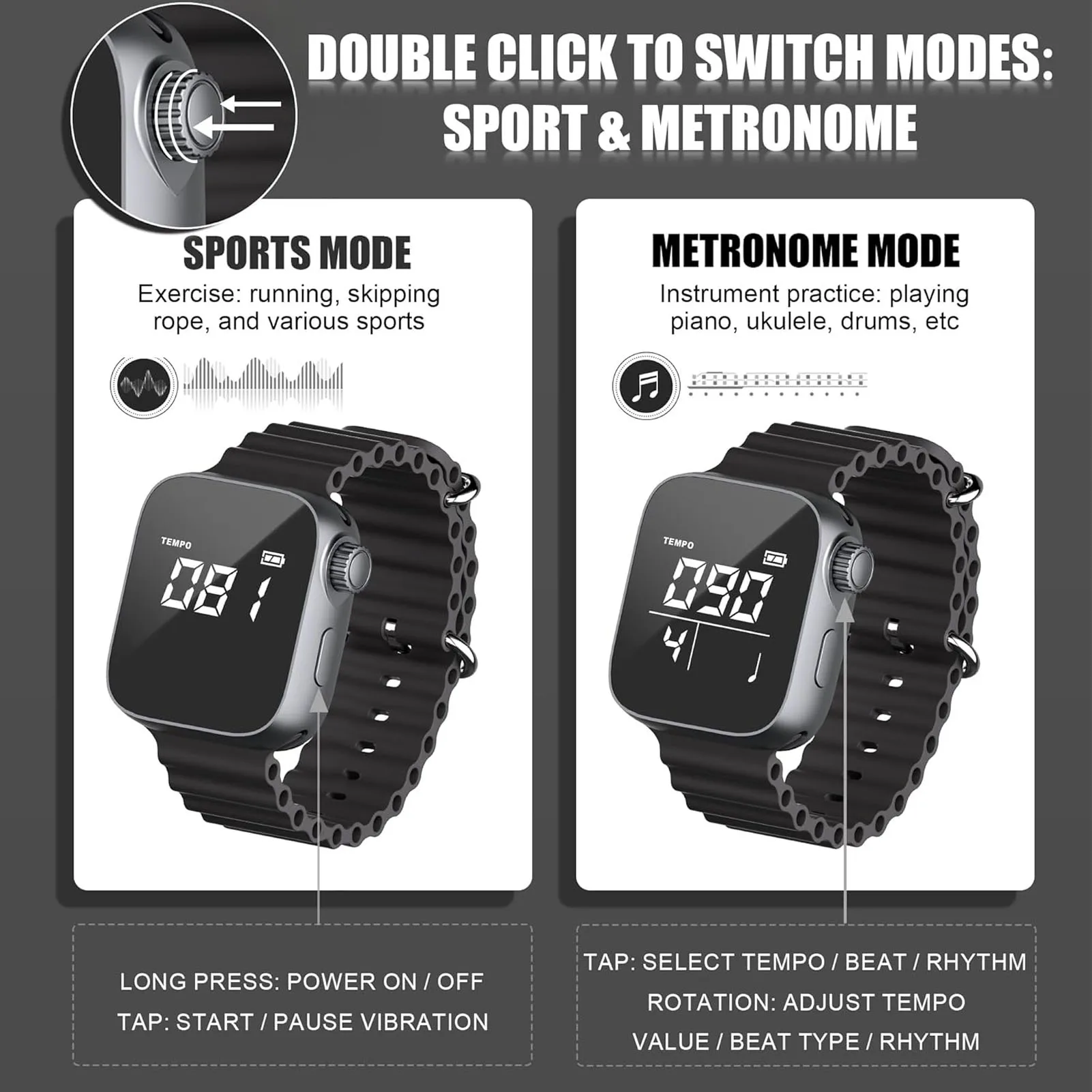 Adjustable Vibrating Wearable Metronome Watch with Sport Mode for Musicians and Beginners (40-240 BPM)
