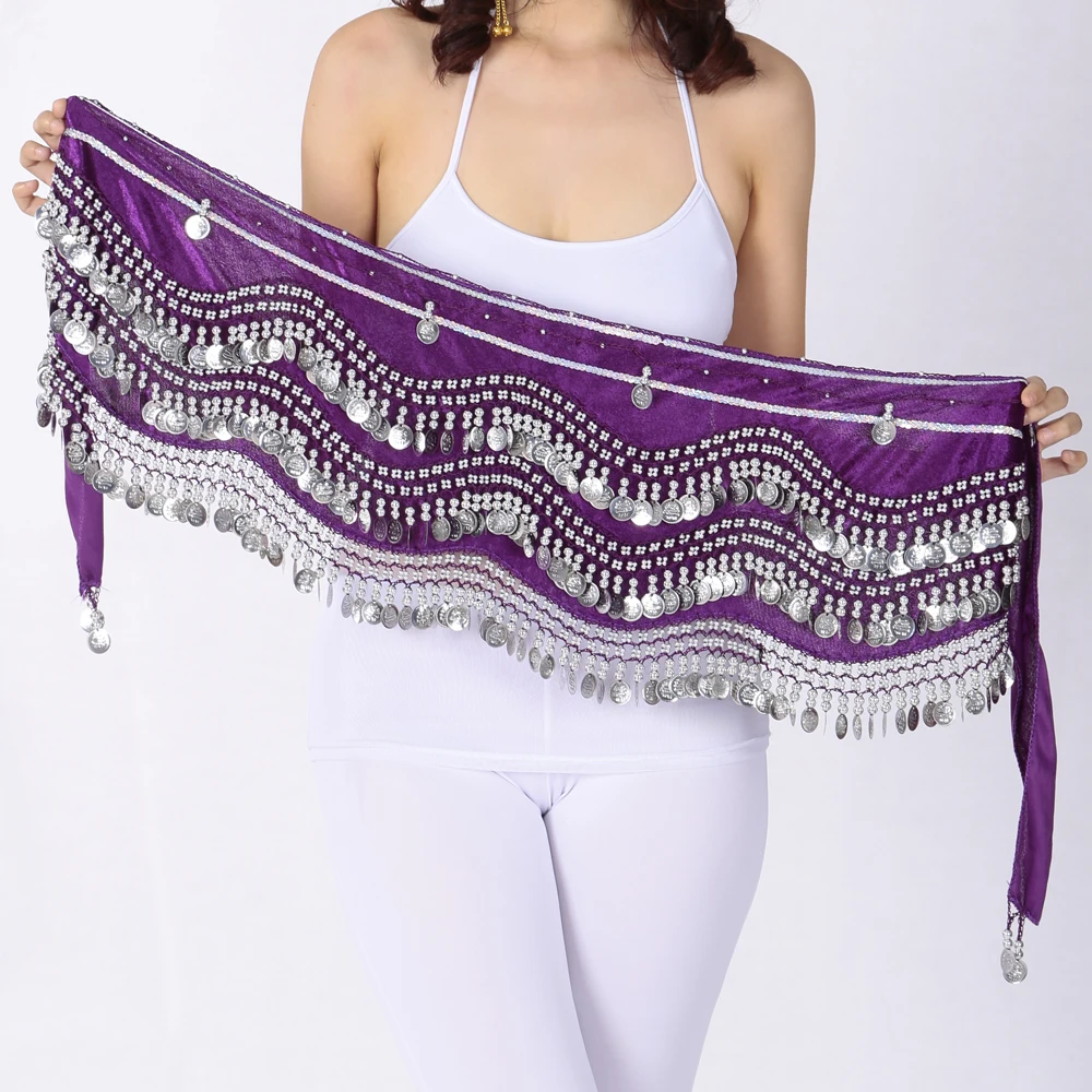 Women's Belly Dance Hip Scarf With Tassels & Coins - Silver Camel Fringed Performance Skirt