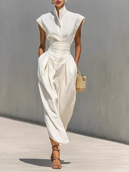 Summer New High Waist Pocket Dress Elegant Lady Slim Pleated Midi Dresses Fashion Solid Stand Collar Sleeveless Commuting Dress 1