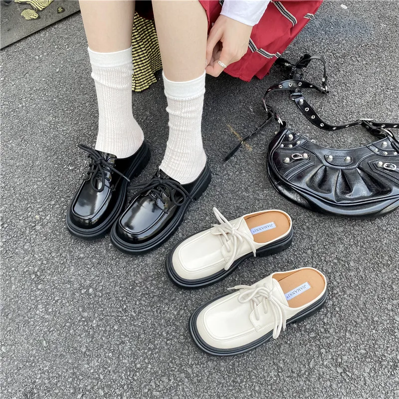 

Shoes Loafers House Slippers Platform Slides Slipers Women Cover Toe Med 2023 Hoof Heels Rome Rubber PU Lace-Up Retro Female Sho