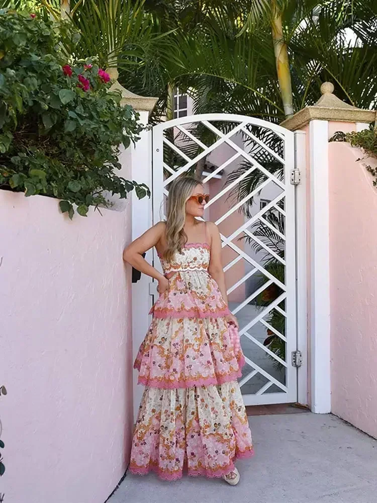 Elegant Ruffles Layer Printed Cake Maxi Dresses for Women 2024 Summer Vacation Backless Print Dress Ladies Streetwear 5