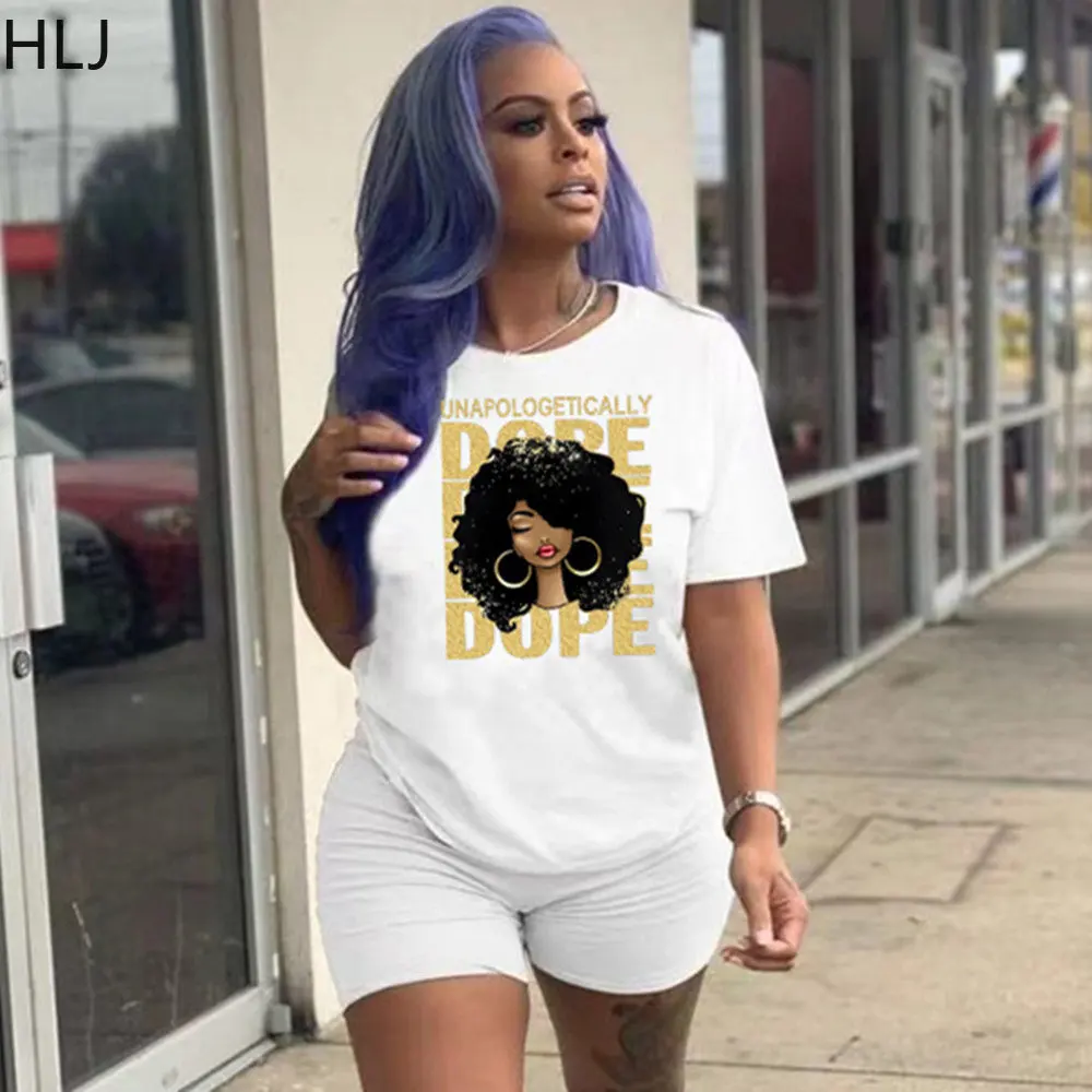 

HLJ Casual Print Tshirt Two Piece Sets Women Round Neck Short Sleeve Tops + Shorts Tracksuits Female Loose Sport Clothing Summer