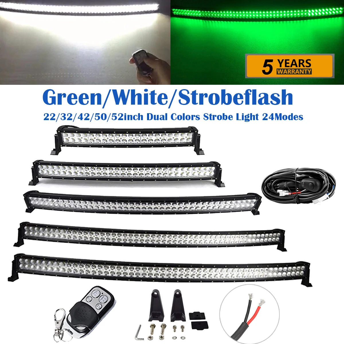 

Green White Strobe Light Offroad LED Light Bar 22 32 42 50 52 INCH 600W 24 Modes Memory Function Wiring Harness For Truck ATV