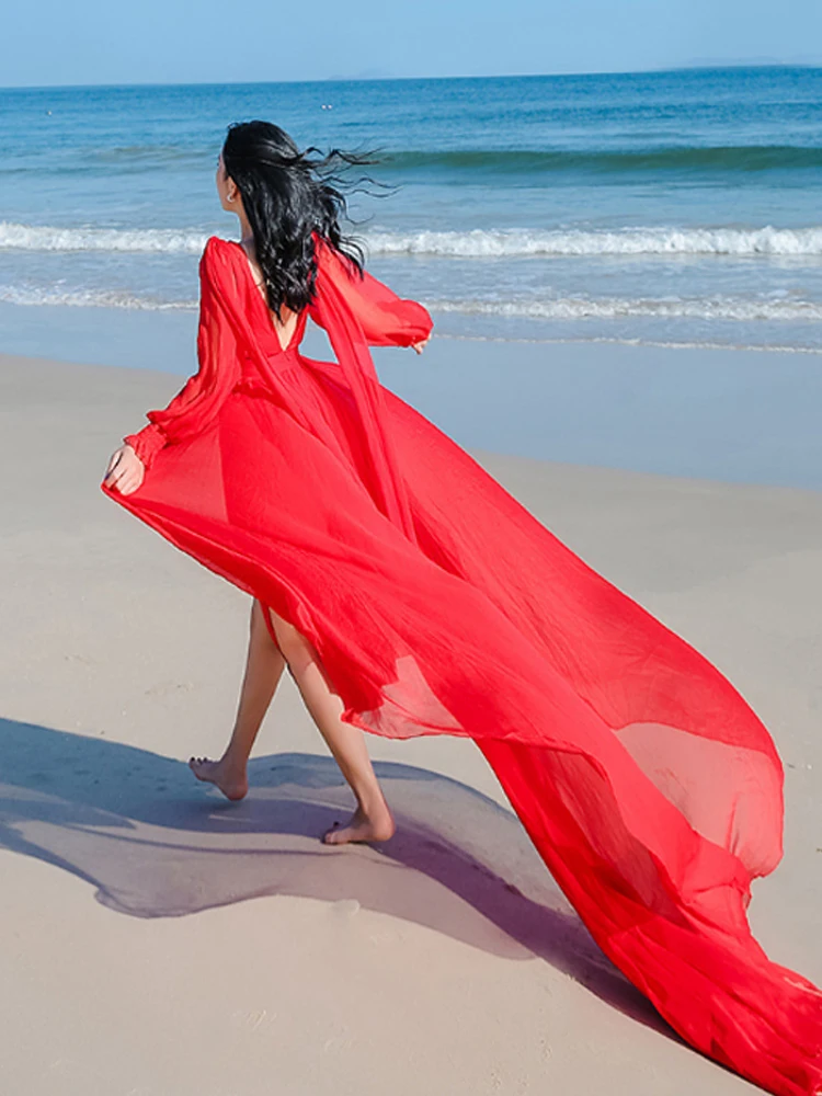 Vestido de verano para mujer, vestido rojo para playa, playa, vacaciones,  foto, cintura alta, estilo largo, cola grande, súper Hada, espalda abierta,  manga larga - AliExpress