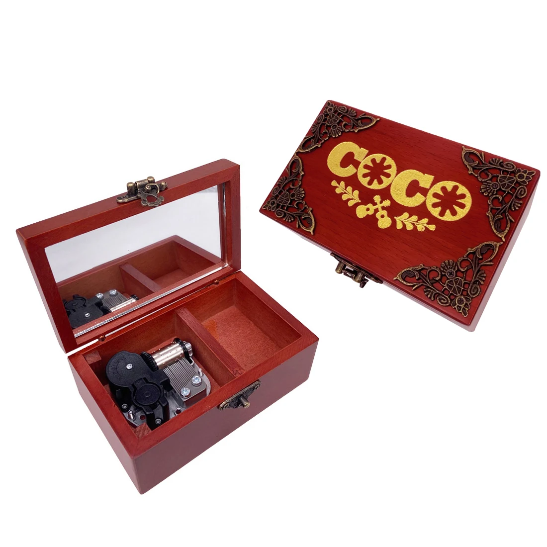 Coco Jewelry Music Box with Mirror Carved Wood Musical Box Wind up Gift