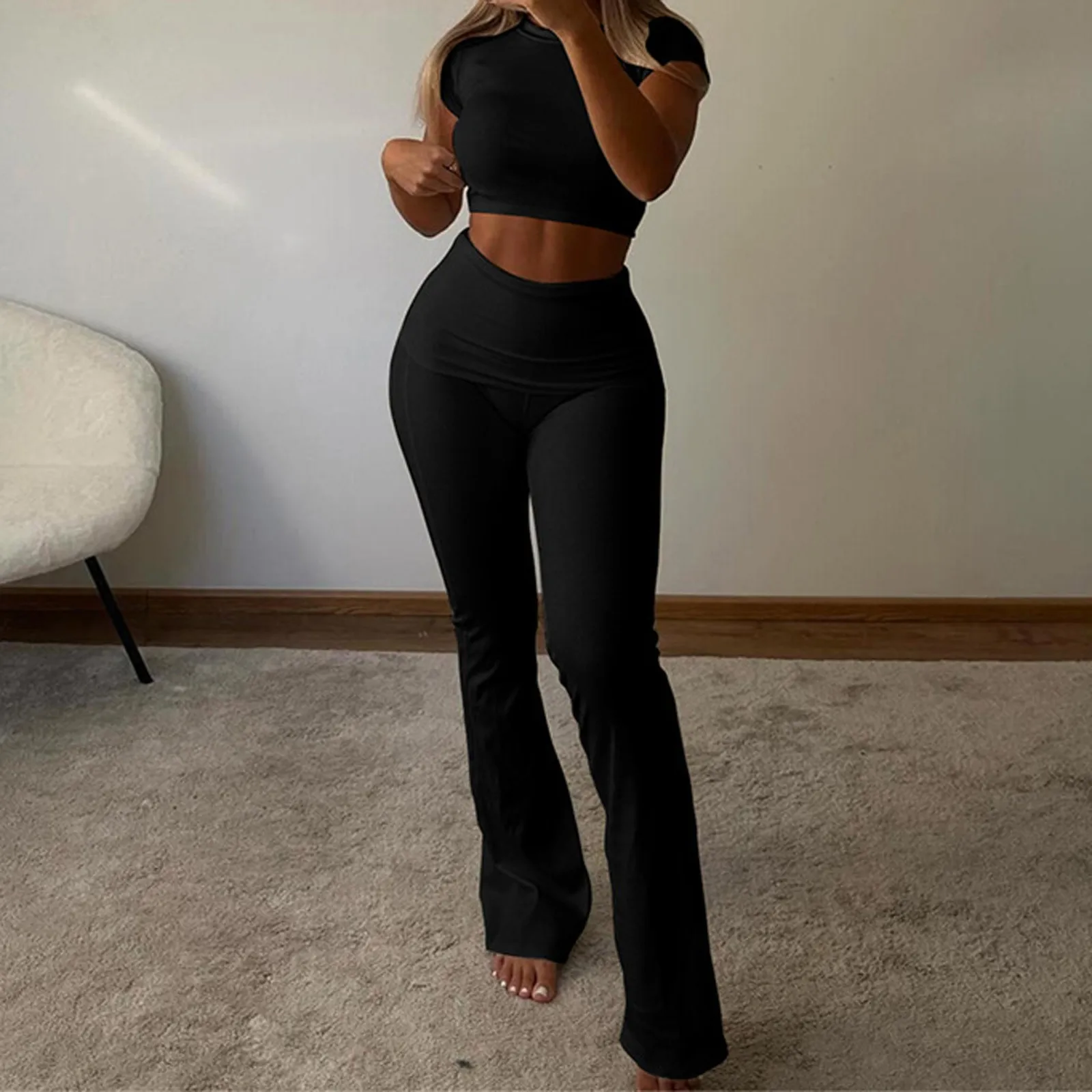 Casual Pink 2 Pieces Sets Womens Summer Outfits Y2k Clothes Fit Long Sleeve Top and High Waist Slim Flare Pants Sets 2024