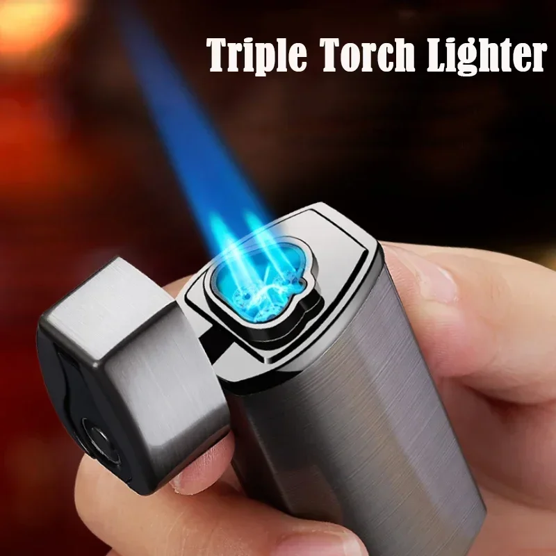 3 Fire Touch Sensing Metal Outdoor Windproof Electric USB Lighter Turbo Three Torch Blue Flame Jet Cigar Tool Gas Lighter Men