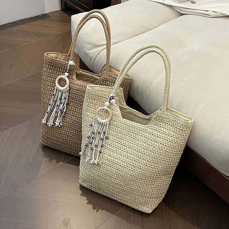 Fashion Large Capacity Fringe Pendant Handmade Straw Handbag Women Holiday Beach Casual Tote Top-Handle Bags Retro Shoulder Bags