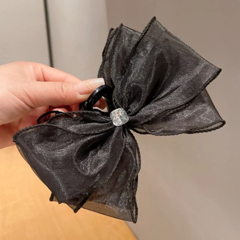 Korean Large Butterfly Knot Hair Clip Summer Mesh Rhinestone Versatile Shark Clamp Women's Headwear Professional Salo