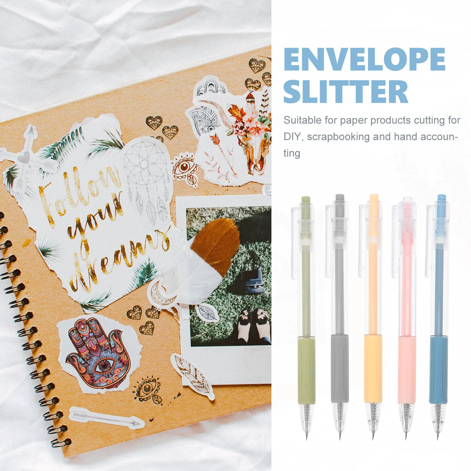 5Pcs 펜 모양 종이 커터 플라스틱 스테인레스 스틸 실리콘 미니 유틸리티 커터 DIY Scrapbooking 봉투 오프닝 사무실