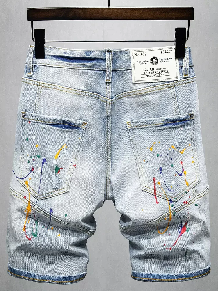 Summer Fashion Designer Men Jeans Retro Light Blue Elastic Stretch Ripped Short Jeans Painted Spliced Hip Hop Denim Shorts Men